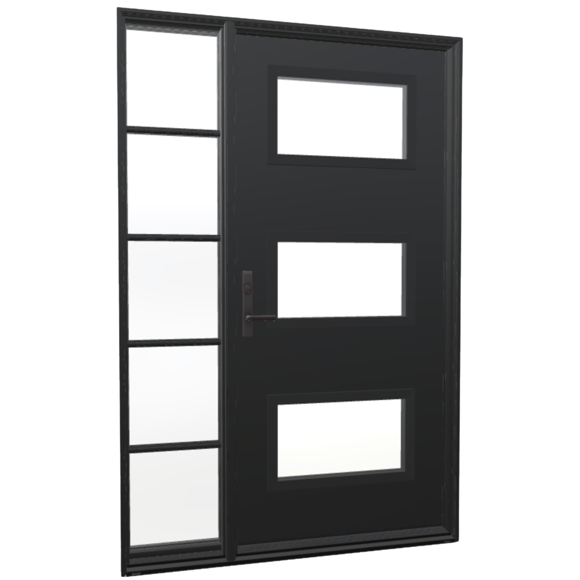A single panel ensemble entry door with a sidelight. The sidelight has equal lite grilles.